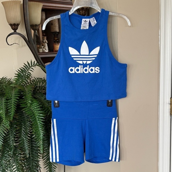 adidas Tops - Adidas 2-Piece Blue & White 3-Stripe Racerback Tank Top & Shorts Workout Set